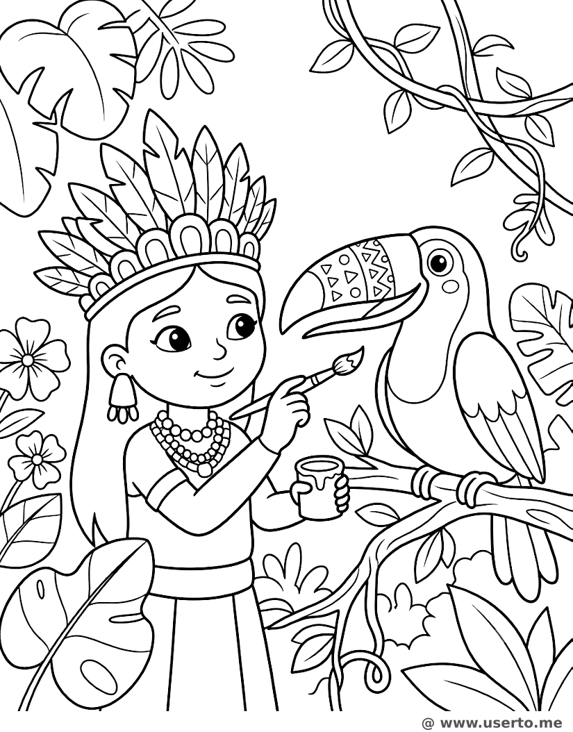 A Princesa Maya da Selva Pintando um Tucano