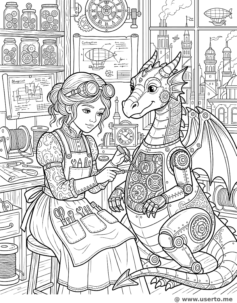 La princesa mecánica steampunk ajustando engranajes
