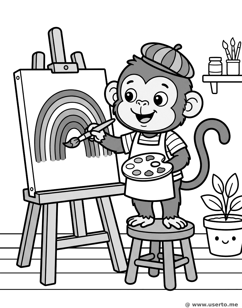 Monkey Artist Painting a Rainbow