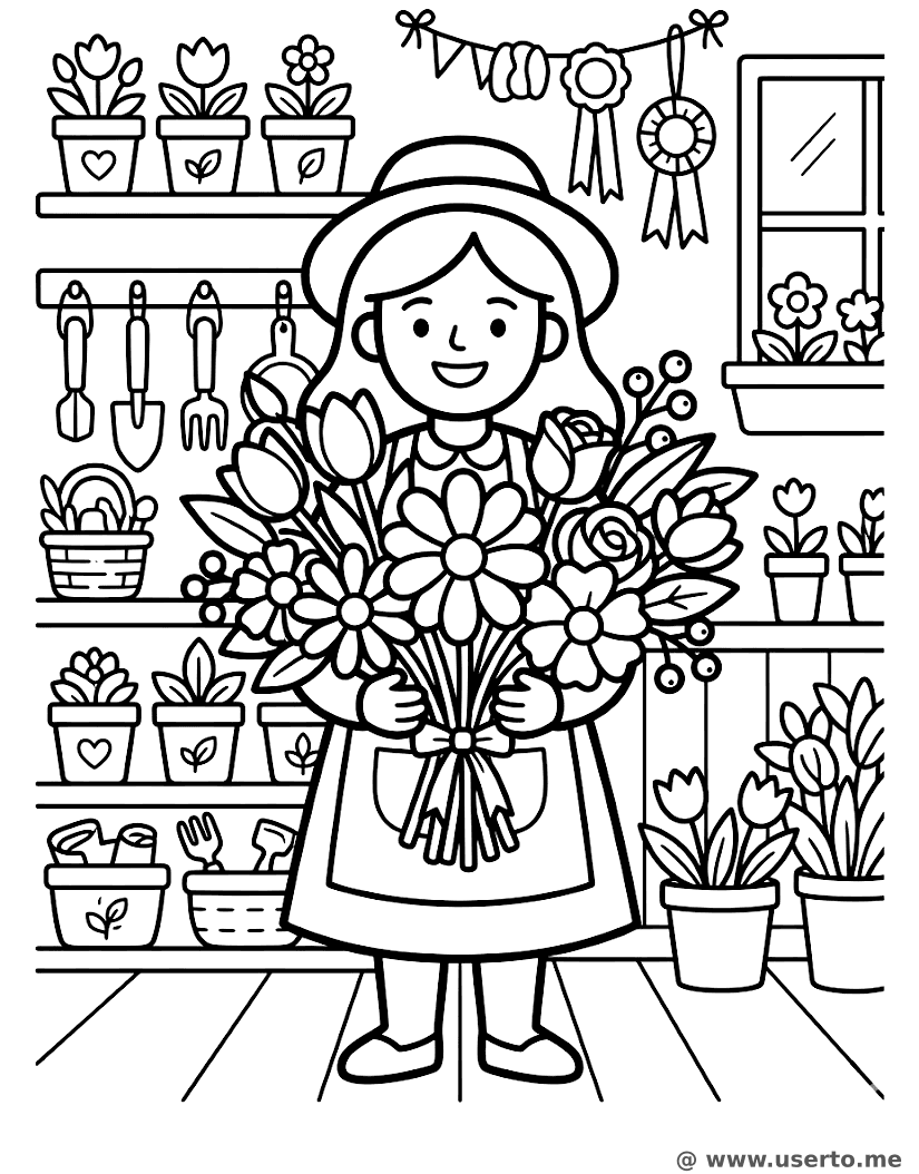 La amable florista arreglando flores