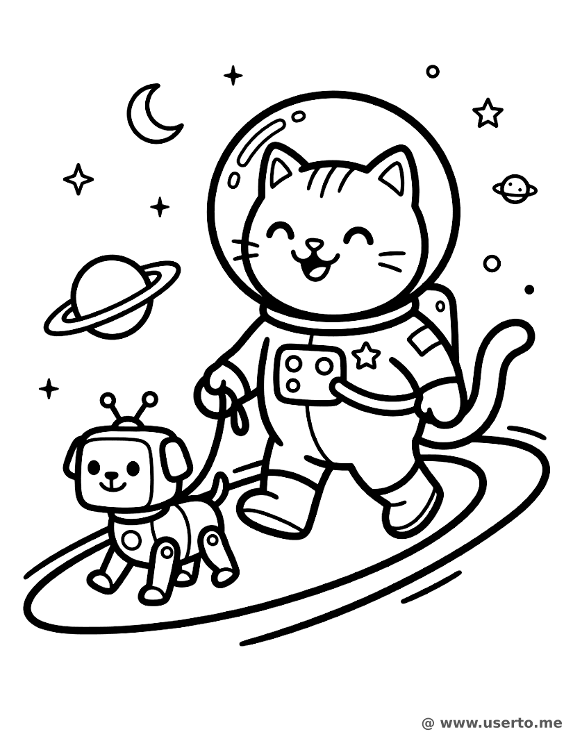 Gato espacial passeando com um cão robô
