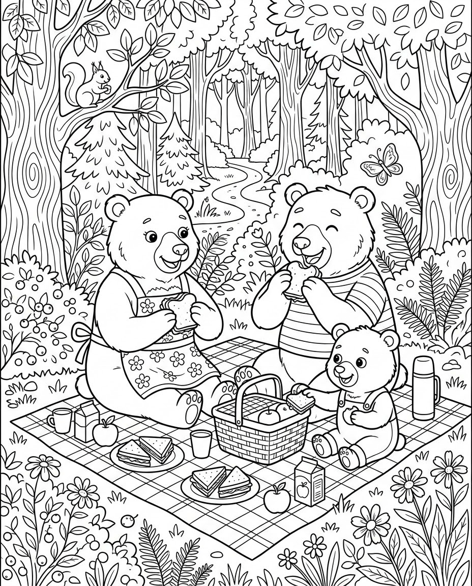 숲속 곰 가족의 피크닉