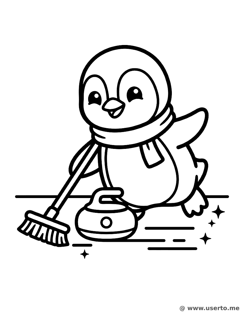 Cheerful Curling Penguin on Ice