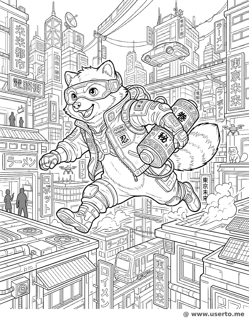 Cyberpunk Tanuki Courier Racing Rooftops