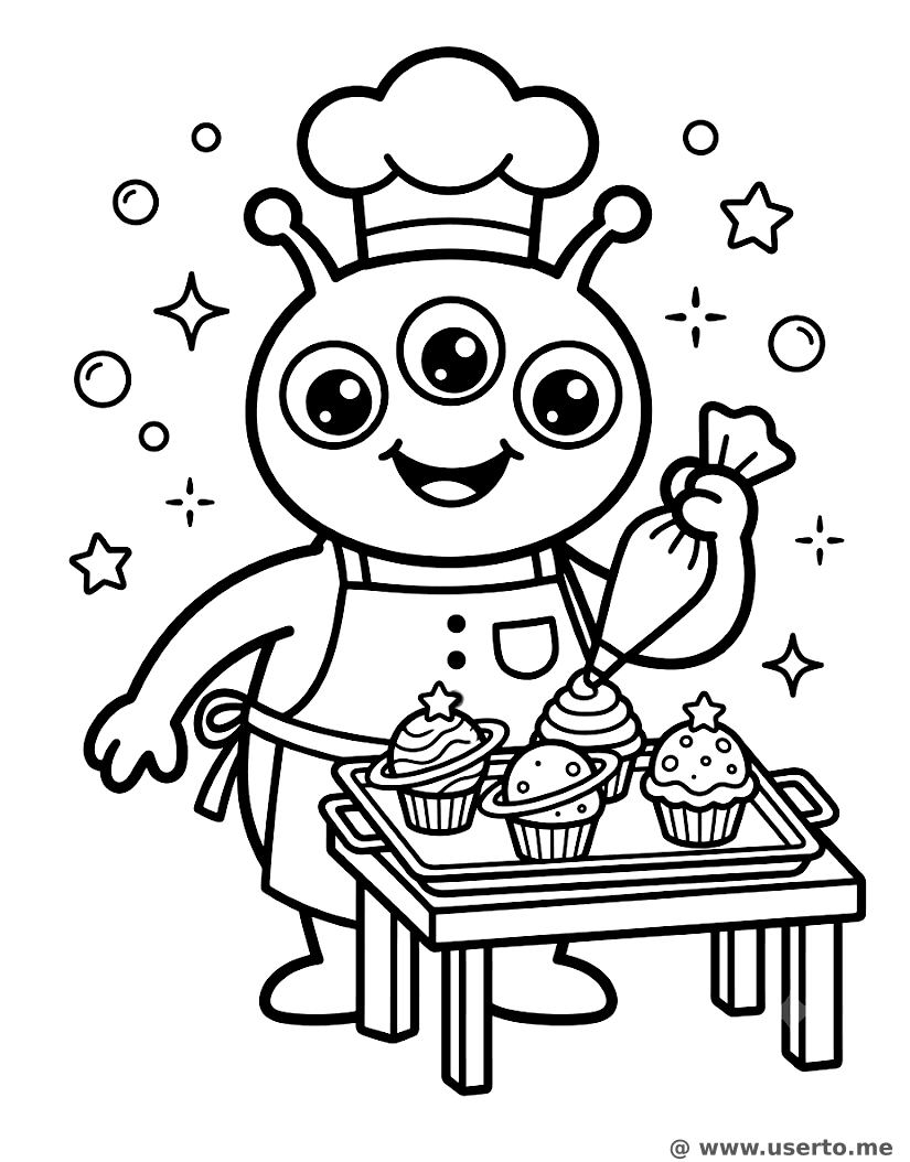 Chef alienígena horneando cupcakes de planetas