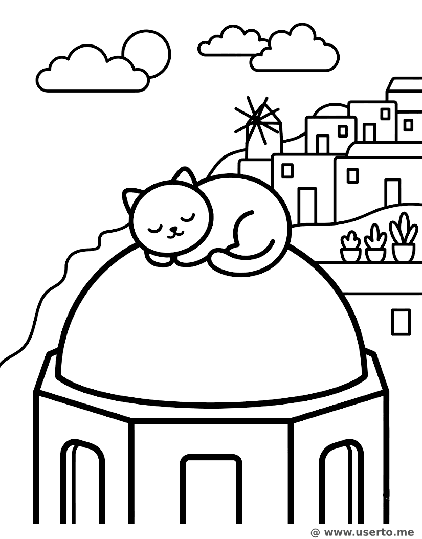 Gato sonolento na ensolarada Santorini