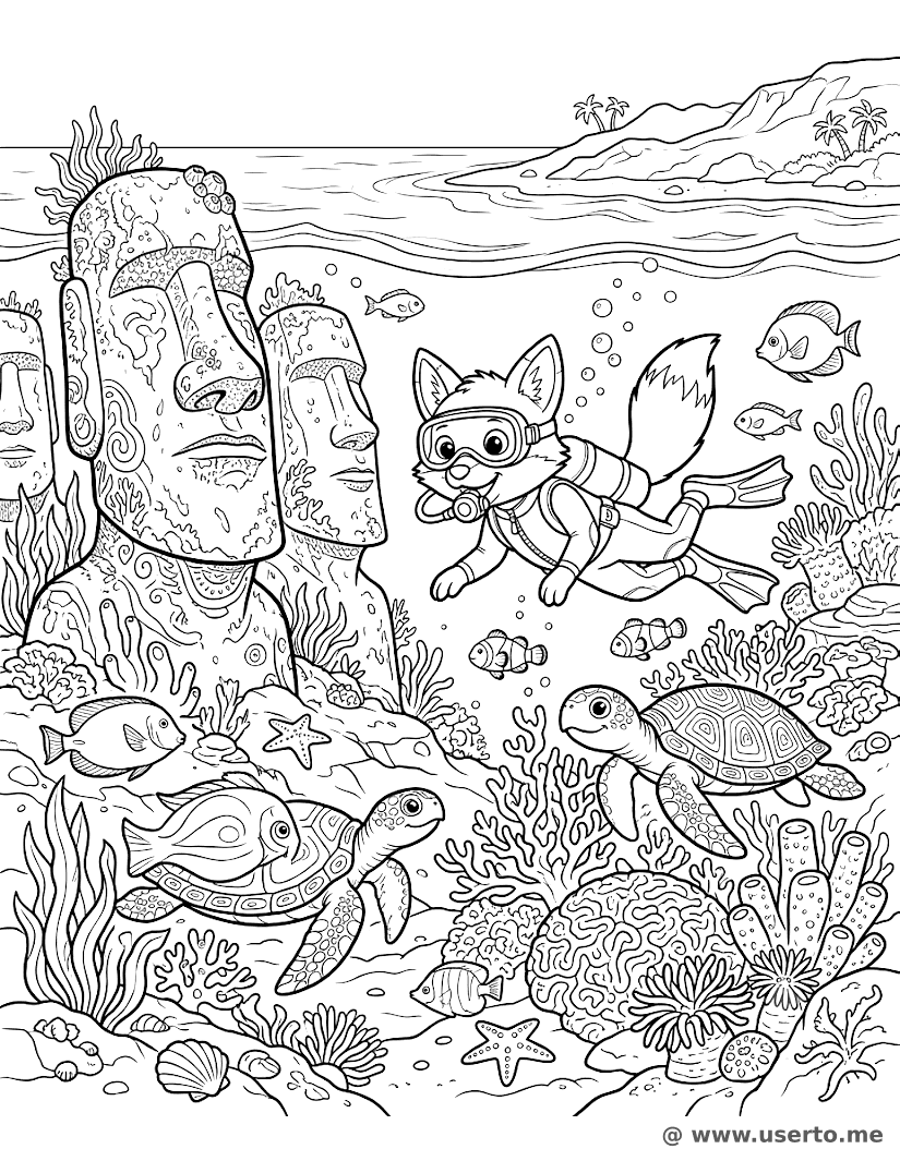 Explorer Fox Diving at Moai Statues