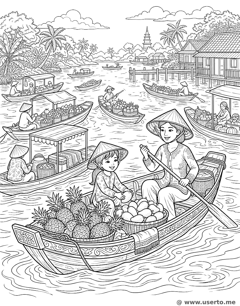 Mercado de Barcos no Delta do Mekong