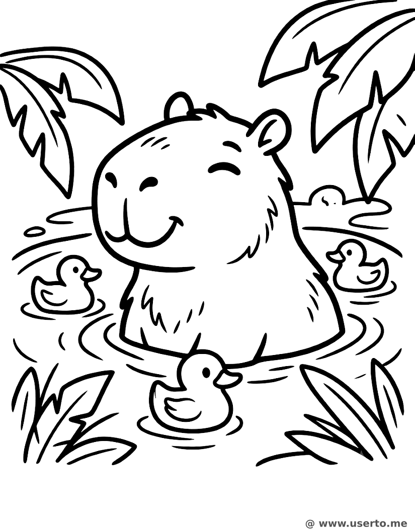 Capibara soñoliento bañándose con patitos