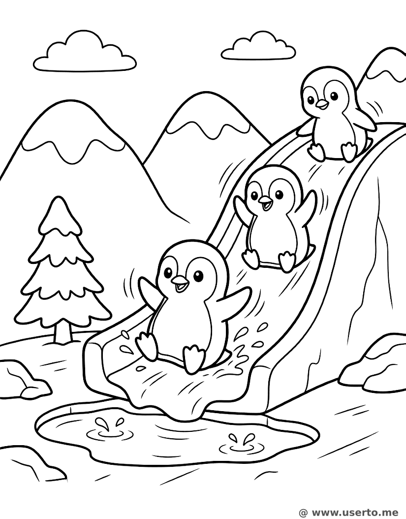 Fiesta de pingüinos en el tobogán de hielo