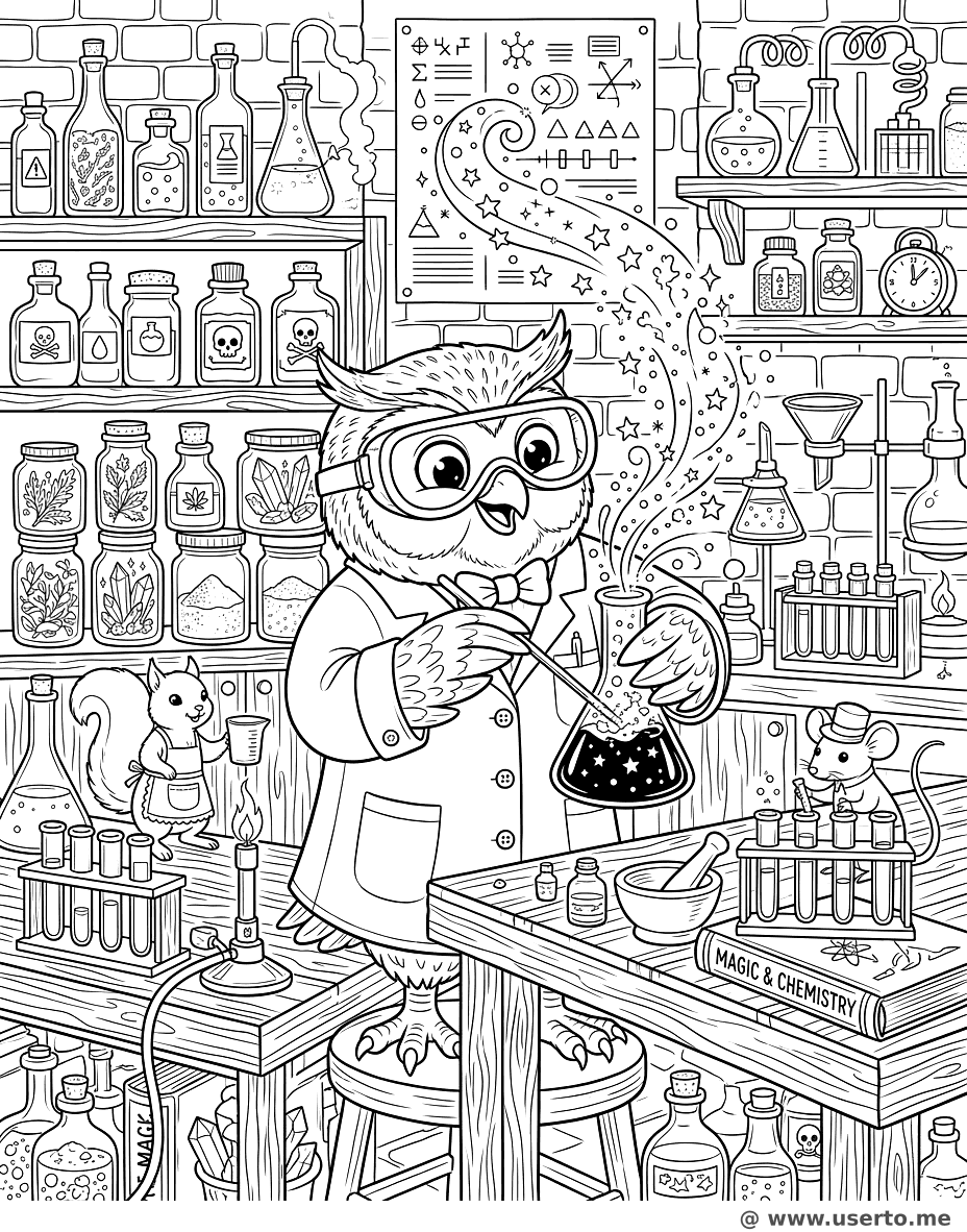 Owl Scientist Making a Magic Potion