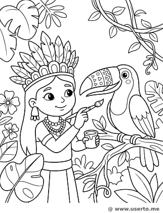 La princesa maya de la selva pintando un tucán