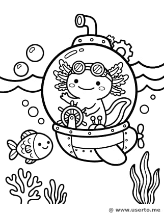 Steampunk Axolotl Driving a Bubble Sub