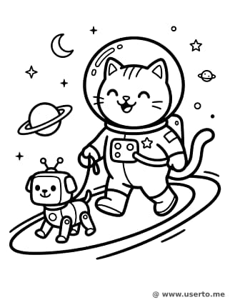 Space Cat Walking a Robot Dog