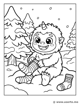 Bebê yeti abraçando meias quentinhas de lã