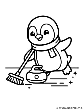 Cheerful Curling Penguin on Ice