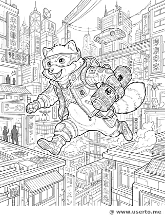 Entregador Tanuki Cyberpunk Correndo nos Telhados