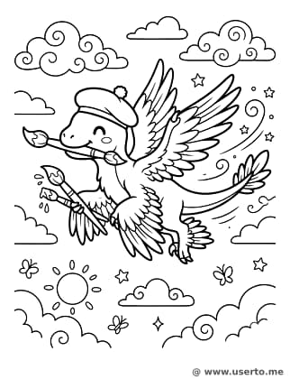 Microraptor emplumado pintando murais no céu