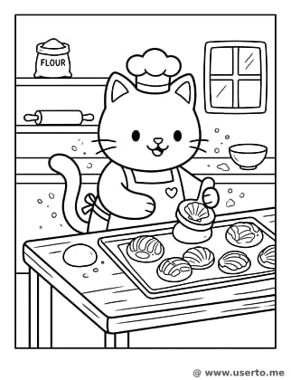 Gato panadero amasando Concha Mexicana