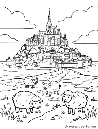 Inselburg und flauschige Schafe