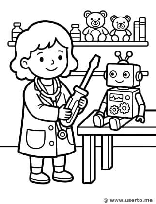 Der Spielzeugdoktor repariert einen freundlichen Roboter