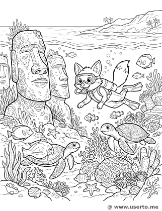 Forscher-Fuchs beim Tauchen bei den Moai-Statuen