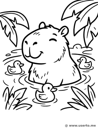 Sleepy Capybara Bathing with Ducks