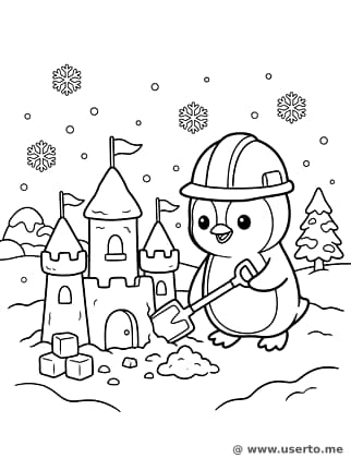 Pingüino arquitecto construyendo castillos de nieve